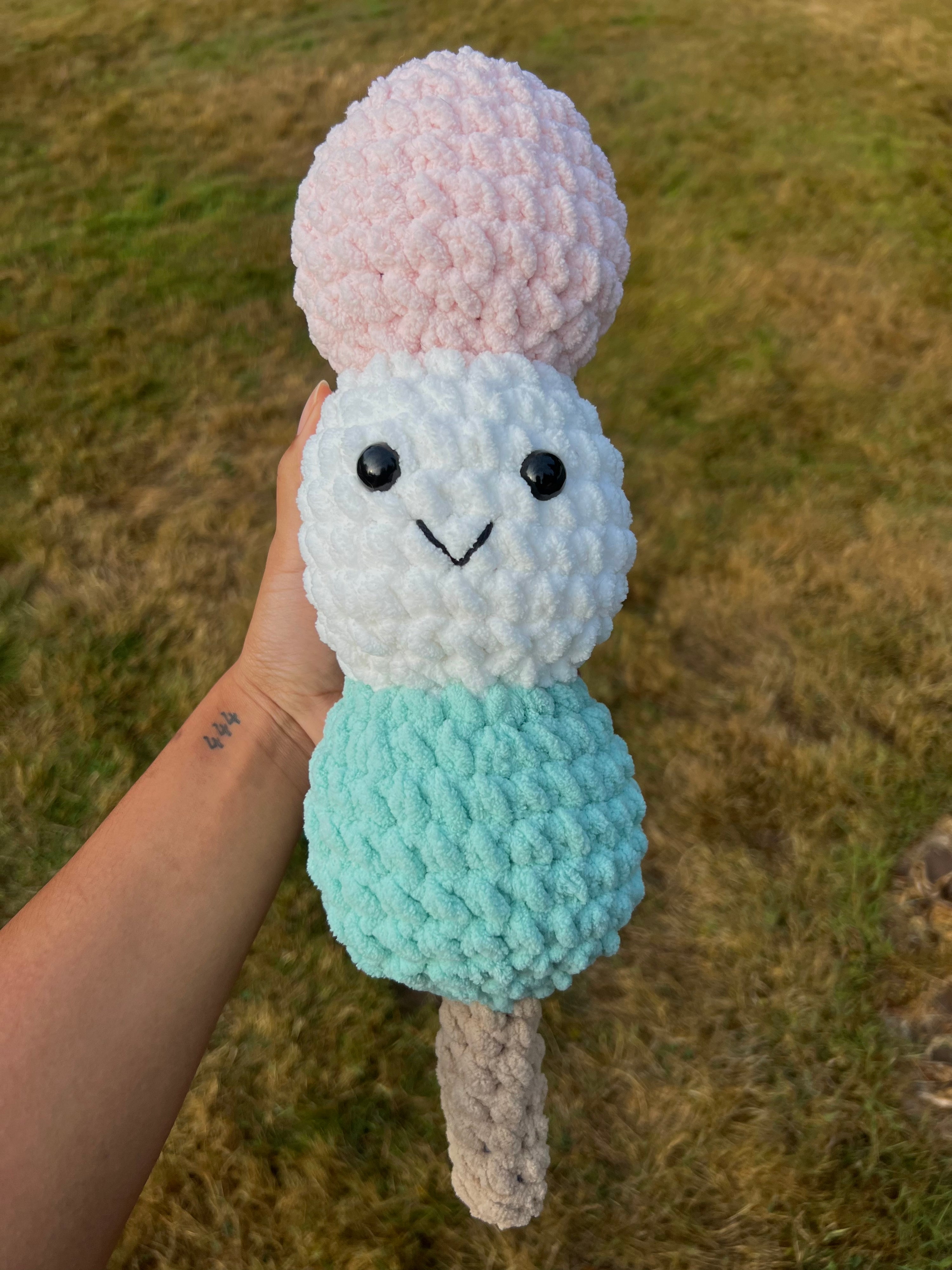 Picture of jumbo crochet plushie dango, a japanese treat.